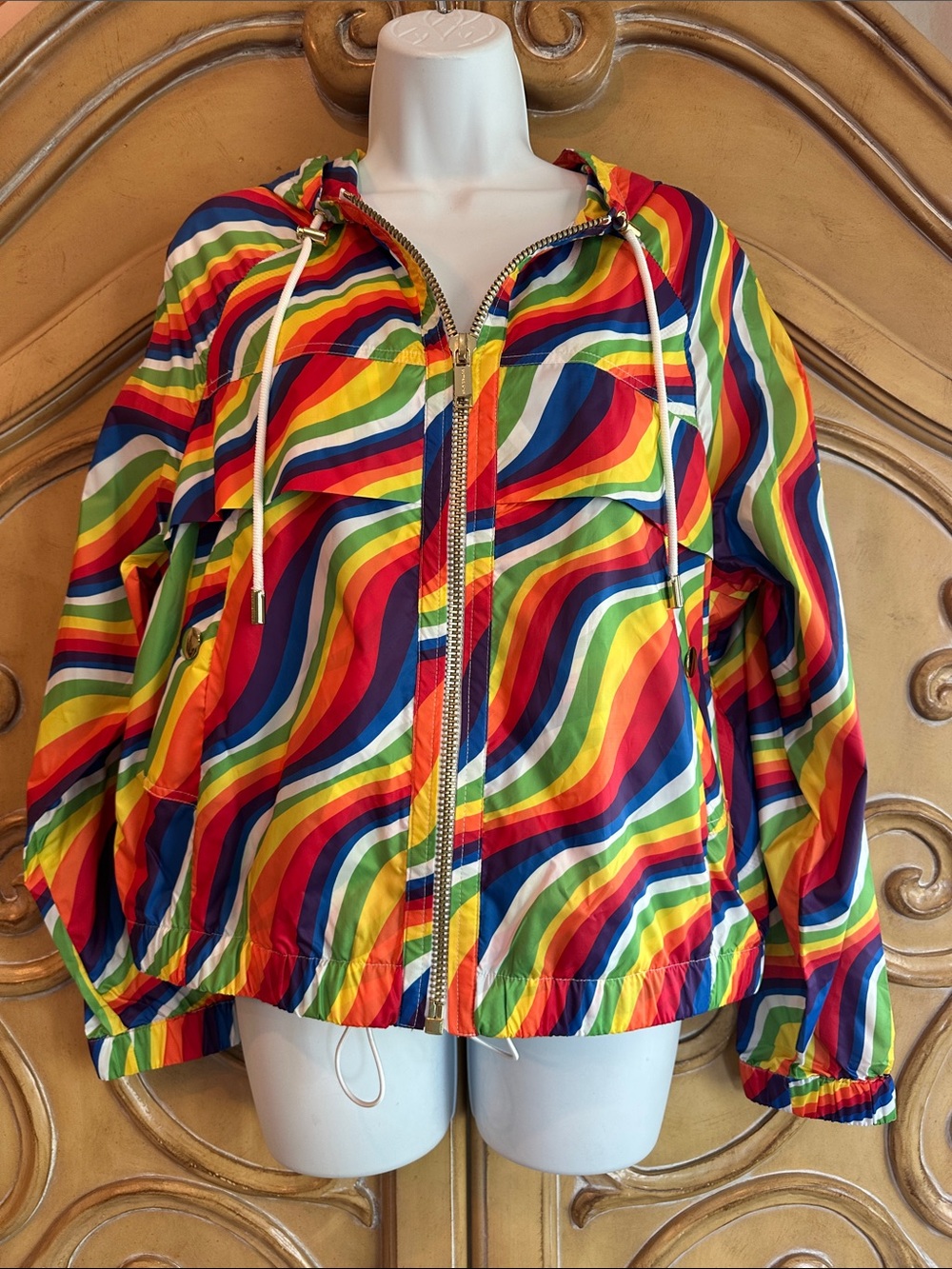 NWT Michael Kors Rainbow Wave Zip-Front Hooded Bomber Jacket - Multicolor